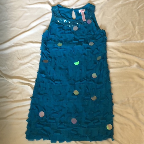 JUSTICE Girl’s Summery Sequins Layers Turquoise Blue Party Dress Size 16 - #325 - Picture 4 of 9